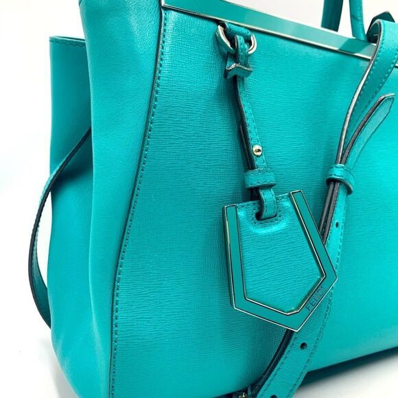 Auth Fendi 2Jours Petit 2way Turquoise Lagoon Saffiano Leather Tote Bag Preloved - Picture 3 of 16